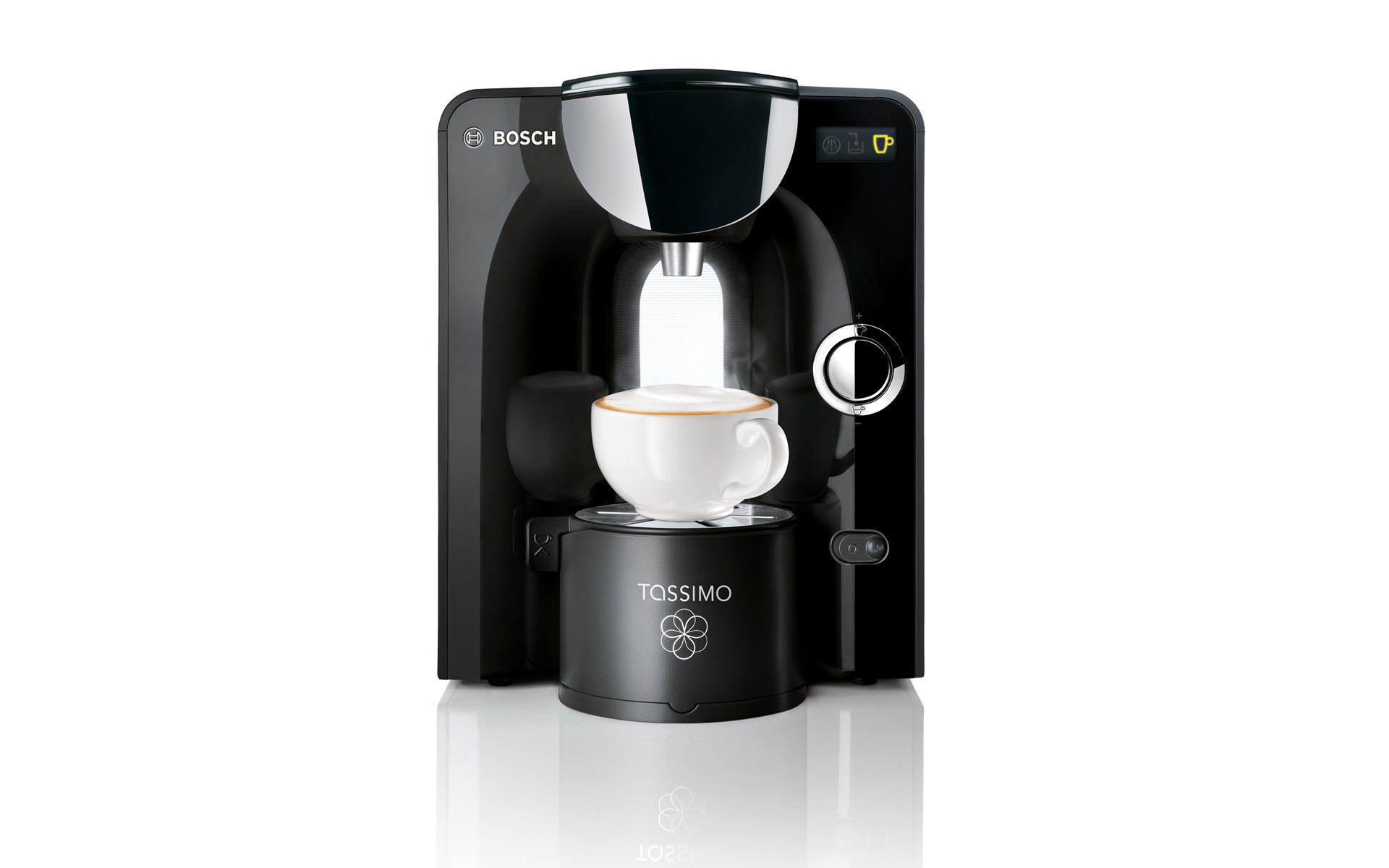 Bosch Tassimo TAS55: black model with medium cup of cappuccino